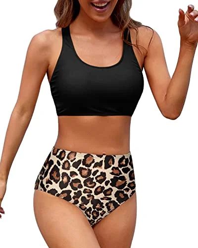 Sporty Women High Waisted Two Piece Bikini Sports Crop Top Swimsuit-Black And Leopard Cross-Back Bikini