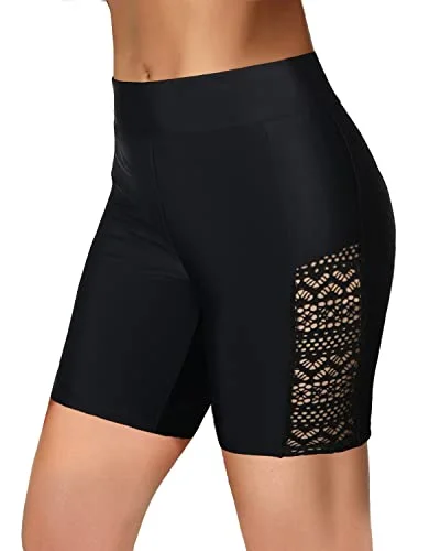 Women High Waisted Swim Shorts Tummy Control Boy Shorts Bottoms-Black Beach Ready Swimsuit