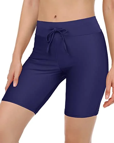 High Waisted Swim Shorts Tummy Control Boy Shorts For Women-Navy Blue Button-Front Swimsuit