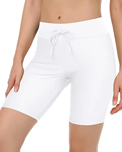 Slimming Women's Swim Shorts Full Coverage Long Board Shorts-White Cross-Back Bikini