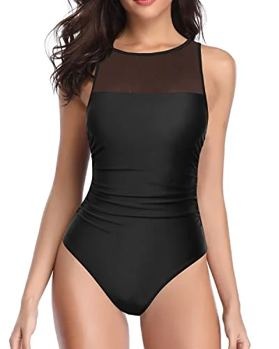 Women High Neck One Piece Swimsuits For Women Mesh Bathing Suits-Black Tropical Print One-Piece