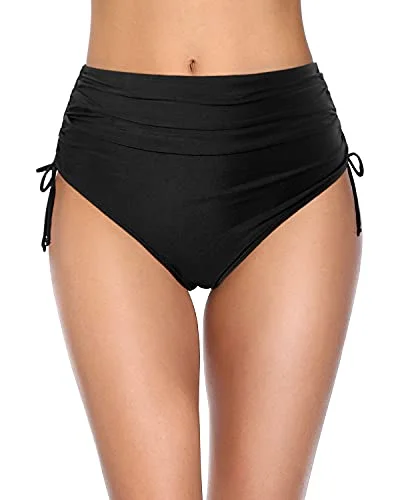 Ladies Full Coverage High Waisted Swimsuit Bikini Bottoms-Black Stylish Beachwear Set