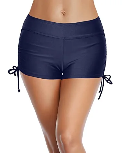 Mid Waisted Board Shorts Boyshort Swimsuits For Women-Navy Blue Elegant Halter Bikini