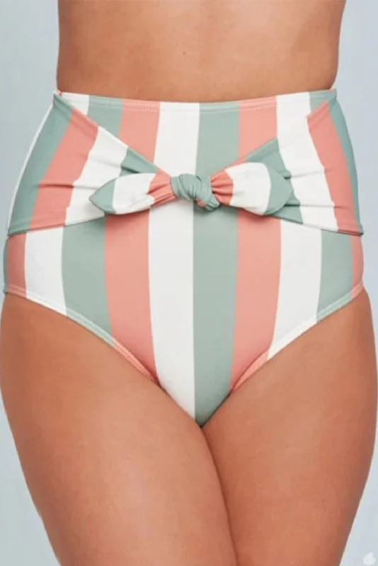 Women's Multicolor Stripes Print Front Tie High Waist Swim Bottoms Classic One-Piece