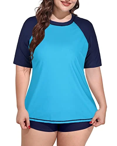 Plus Size Women's Loose Short Sleeved Rash Guard Swimsuit-Aqua Plunge Neckline Swimsuit