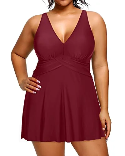 V Neck Women One Piece Swimdress With Built In Swim Brief Under Skirt-Maroon Retro Swimwear Style