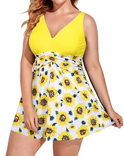 V Neck Plus Size Swim Dress With Tummy Control Bathing Suit-Yellow Floral Monokini Swimsuit Design