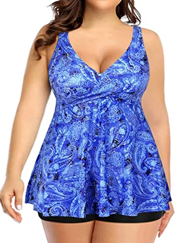 Plus Size High Waisted Boy Shorts Tankini Swimsuit For Women-Blue Tribal Plunge Back Swimsuit