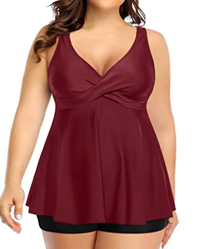 Flowy Plus Size Tankini Swimsuit Tummy Control Bathing Suits For Women-Maroon Halter Top Bikini