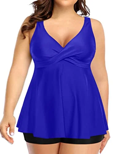 Twist Front Two Piece Plus Size Tankini Swimsuit For Juniors-Royal Blue And Black Beach Ready Swimsuit