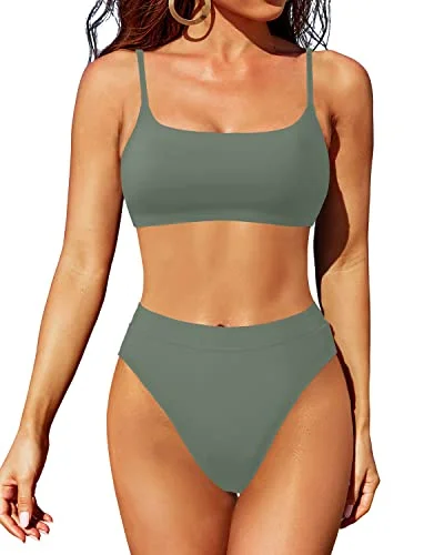 Women's High Waisted 2 Piece Bikini Swimsuit High Cut Bottom Bathing Suits Set-Army Green Vibrant Bikini Design