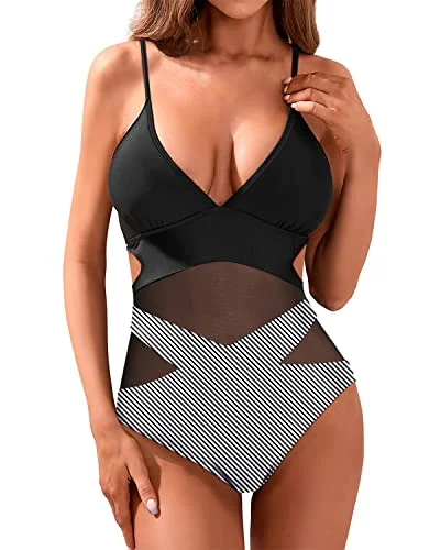 Women's Sexy Mesh Patchwork Cutout Monokini Swimsuit-Black Stripe Tropical Print One-Piece