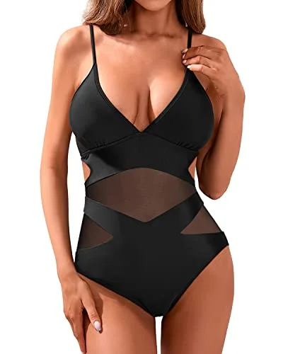 Women's Sexy One Piece Swimsuits Mesh High Waisted Bathing Suits Monokini-Black High-Cut One-Piece