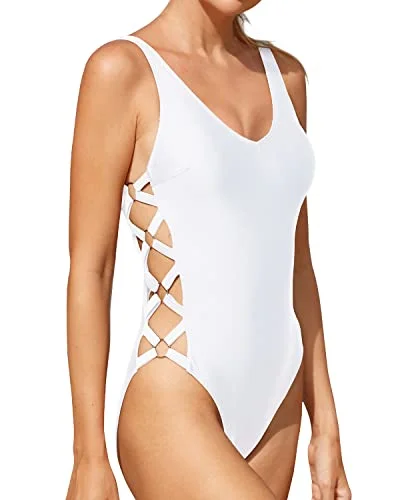 High Cut Push Up One Piece Swimsuit For Women Strappy Criss Cross Monokini-White Chic Beach Cover-Up