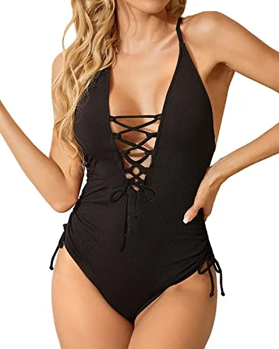 Women Sexy One Piece Swimsuit Plunge V Neck Lace Up Swimwear-Black Soft Beachwear Set