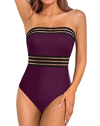 Strapless One Piece Swimsuit With Tummy Control For Women-Maroon Classic Two-Piece Bikini