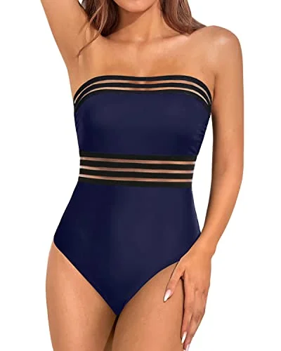 Bandeau Tube Swimswear Slimming Strapless One Piece Swimsuit For Women-Navy Blue Ruched Swimwear Set