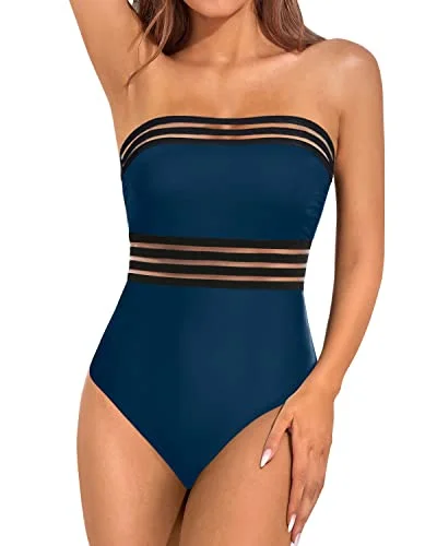 One Piece Slimming Bandeau Tube Swimswear With Tummy Control-Teal Push-Up Swimsuit Top