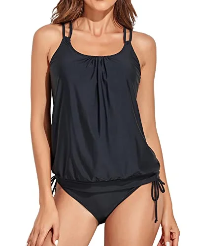 Athletic Blouson Tankini Top With Bikini Bottom Tummy Control Swimsuits-Black Chic Bikini Set