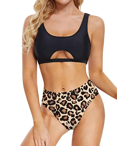 Cheeky Two Piece Bikini Set For Women Underboob Swimsuit-Black And Leopard Minimalist One-Piece