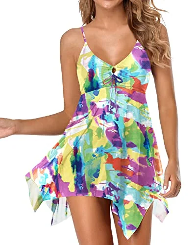 Women Flowy Swim Dress With Boy Shorts Two Piece Swim Dress-Color Tie Dye Sporty Racerback Swimsuit