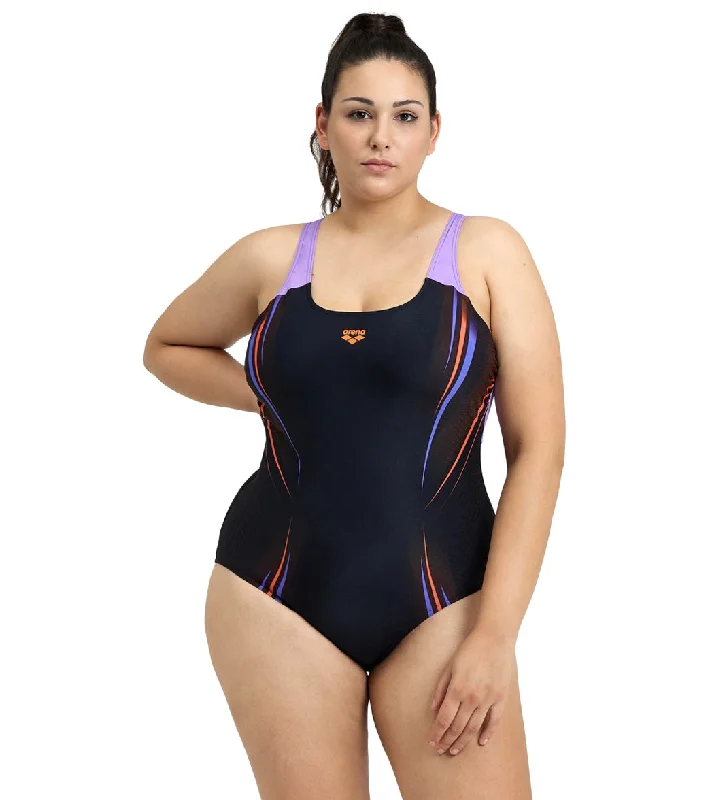 Arena Women's Plus Size Spikes Swim Pro Back One Piece Swimsuit Black/Lavanda Stylish Beachwear Set Arena Women's Plus Size Spikes Swim Pro Back One Piece Swimsuit Black/Lavanda Stylish Beachwear Set