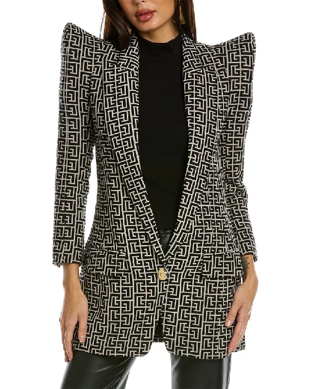 Balmain 1-Button Shoulder Pad Monogram Wool Jacket Satin Jacket Silk Jacket Chiffon Jacket