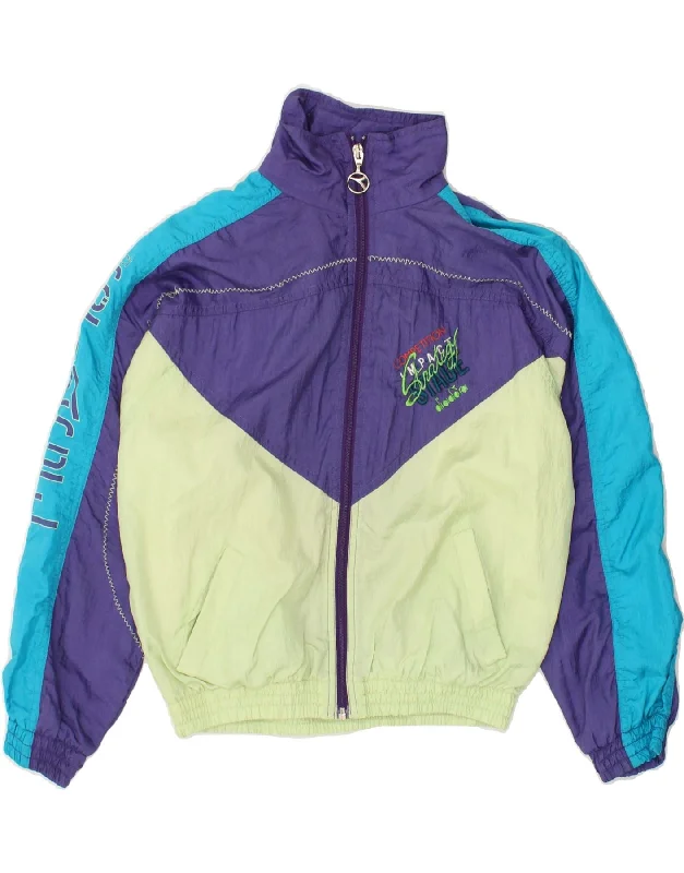 DIADORA Womens Graphic Tracksuit Top Jacket UK 16 Large Purple Colourblock Stand-Up Collar Roll-Neck Collar Turtle Neck