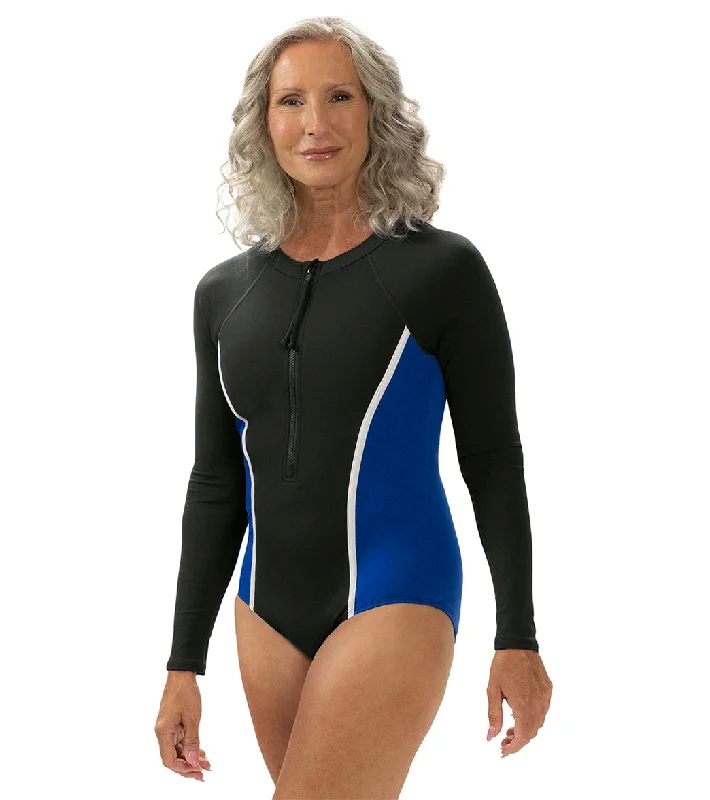 Dolfin Aquashape Women's Color Blocked Zip Front Mock Neck Long Sleeve Moderate One-Piece Swimsuit Black/Blue Retro-Inspired Bikini Set Dolfin Aquashape Women's Color Blocked Zip Front Mock Neck Long Sleeve Moderate One-Piece Swimsuit Black/Blue Retro-Inspired Bikini Set