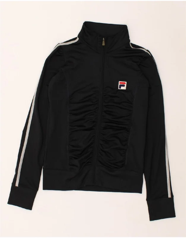 FILA Womens Tracksuit Top Jacket UK 12 Medium Black Polyester Zippered Front Buttoned Front Snap Front