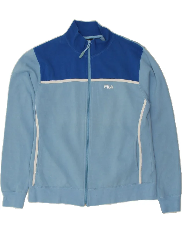 FILA Womens Tracksuit Top Jacket UK 14 Large Blue Colourblock Cotton Front Pockets Side Pockets Patch Pockets