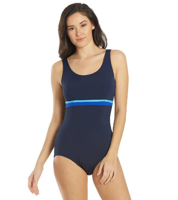 FINZ Women's Conservative Splice One Piece Swimsuit Navy/Blue Mesh Swimsuit Top