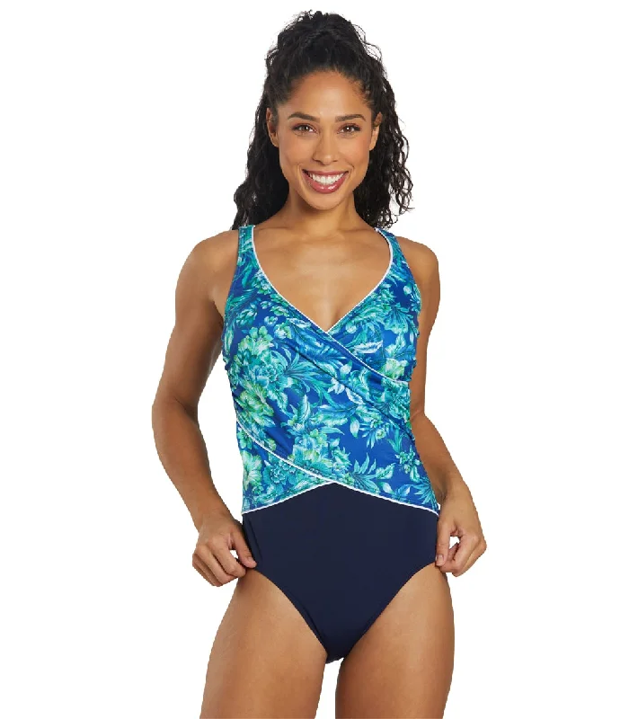 FINZ Women's Hibiscus Crossover One Piece Swimsuit (E/F Cup) Navy Vintage Swimwear Look