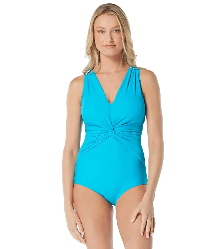 Gabar Chlorine Resistant Draped Twist V Neck One Piece Swimsuit Cyan Elegant Swim Dress Gabar Chlorine Resistant Draped Twist V Neck One Piece Swimsuit Cyan Elegant Swim Dress