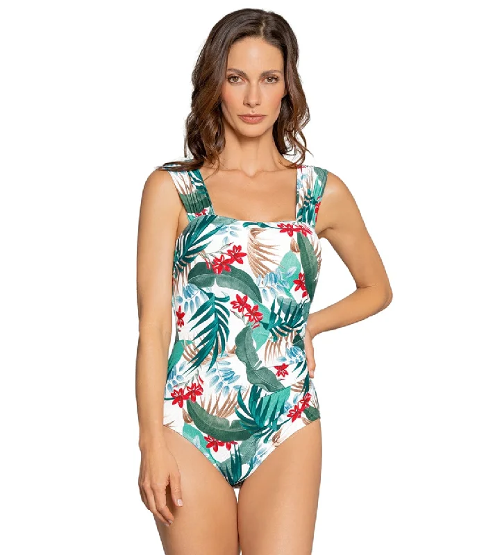 Jantzen Women's NeoTropics Glamour Cap Sleeve One Piece Swimsuit Seafoam Tides Floral Print Swimsuit Jantzen Women's NeoTropics Glamour Cap Sleeve One Piece Swimsuit Seafoam Tides Floral Print Swimsuit