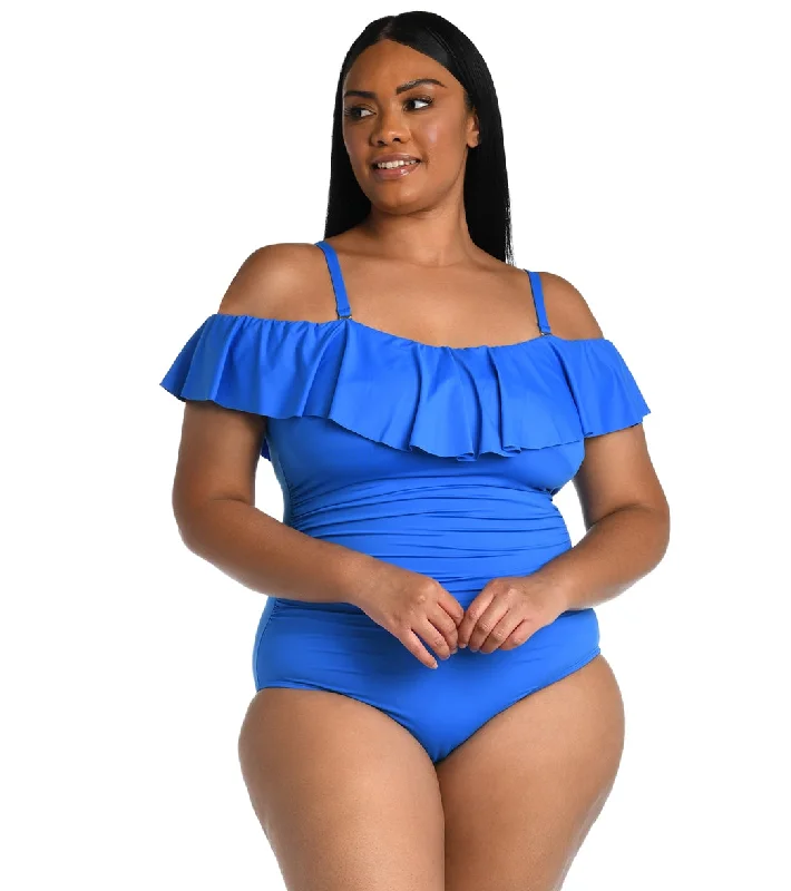La Blanca Plus Size Island Goddess Off Shoulder Ruffle One Piece Swimsuit Capri Blue Shiny One-Piece Swimsuit La Blanca Plus Size Island Goddess Off Shoulder Ruffle One Piece Swimsuit Capri Blue Shiny One-Piece Swimsuit