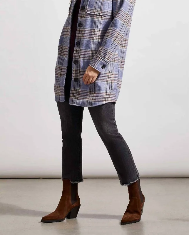 Long Plaid Jacket In Blue Lake Zippered Front Buttoned Front Snap Front