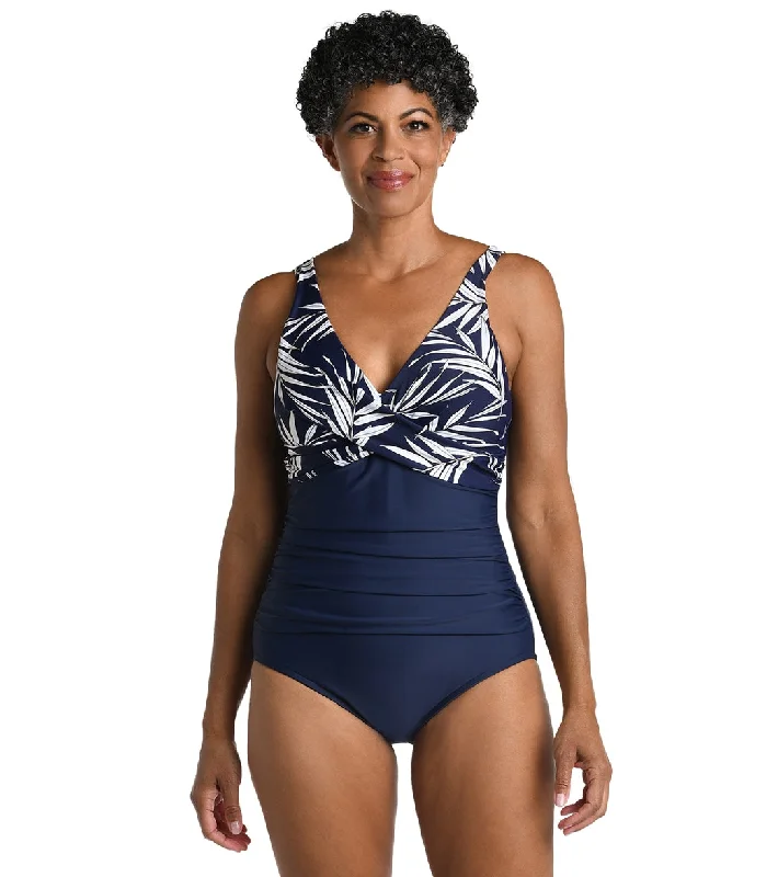 Maxine Women's Gold Leaf Wrap Front One Piece Swimsuit Sporty Swim Shorts