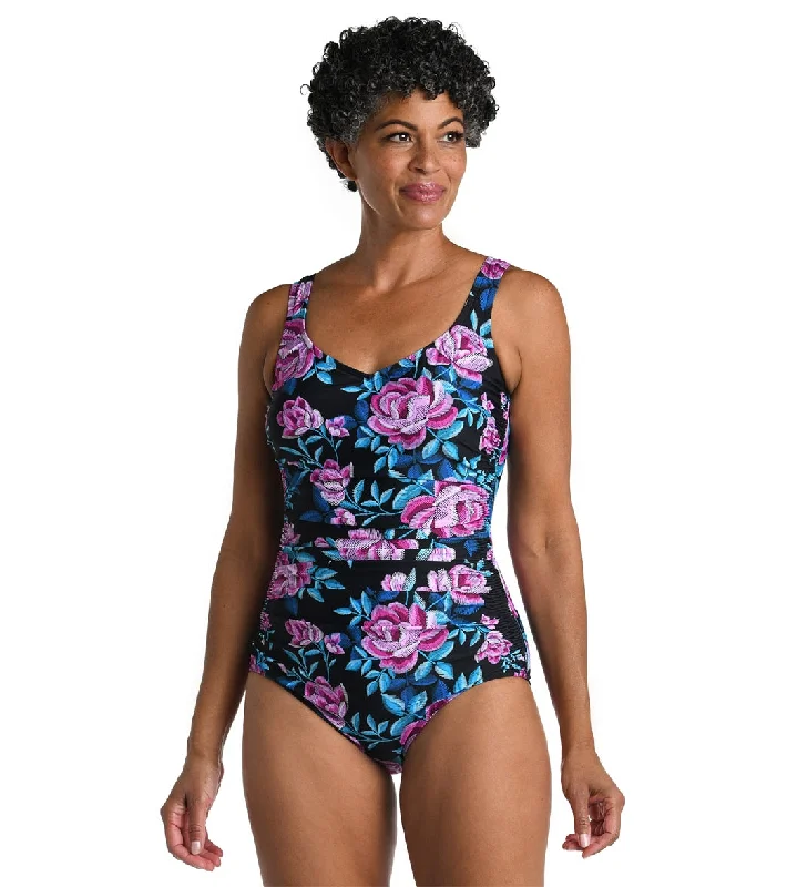 Maxine Women's Midnight Orchid Over The Shoulder One Piece Swimsuit Black Casual Swim Dress Maxine Women's Midnight Orchid Over The Shoulder One Piece Swimsuit Black Casual Swim Dress