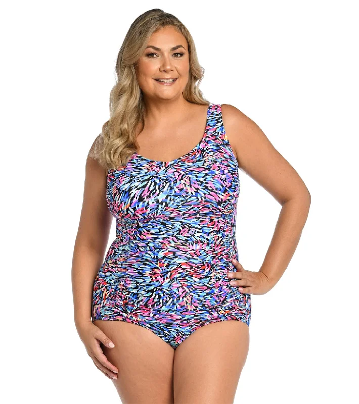 Maxine Women's Plus Size Luminescense Over The Shoulder One Piece Swimsuit Button-Front Swimsuit