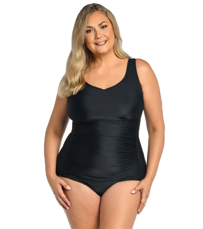Maxine Women's Plus Size Solid Over The Shoulder One Piece Swimsuit Black Mesh Detail Bikini Maxine Women's Plus Size Solid Over The Shoulder One Piece Swimsuit Black Mesh Detail Bikini