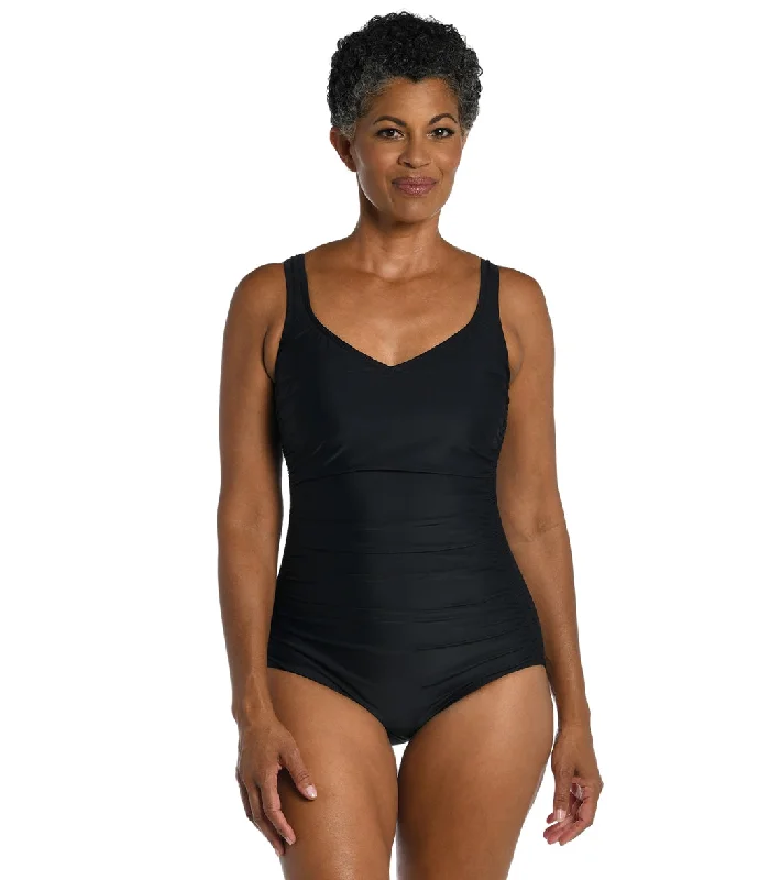 Maxine Women's Solid Over The Shoulder One Piece Swimsuit Black Modern High-Waisted Swimsuit Maxine Women's Solid Over The Shoulder One Piece Swimsuit Black Modern High-Waisted Swimsuit