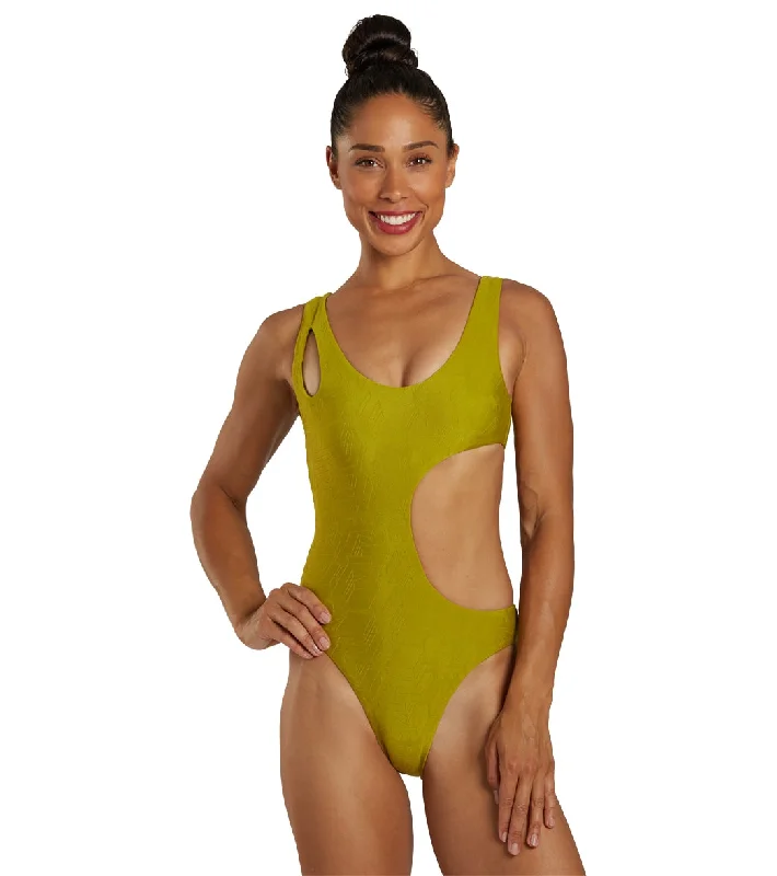 Nike Women's Block Texture Cut-Out One Piece Swimsuit Beachy Ruffle Bikini