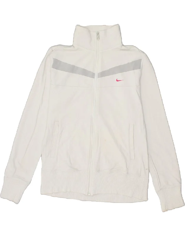 NIKE Womens Tracksuit Top Jacket UK 14 Large White Cotton Denim Fabric Leather Fabric Suede Fabric