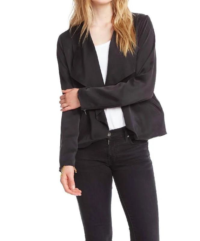 Open Front Collarless Jacket W Zippers In True Black Fitted Jacket Loose Jacket Oversized Jacket