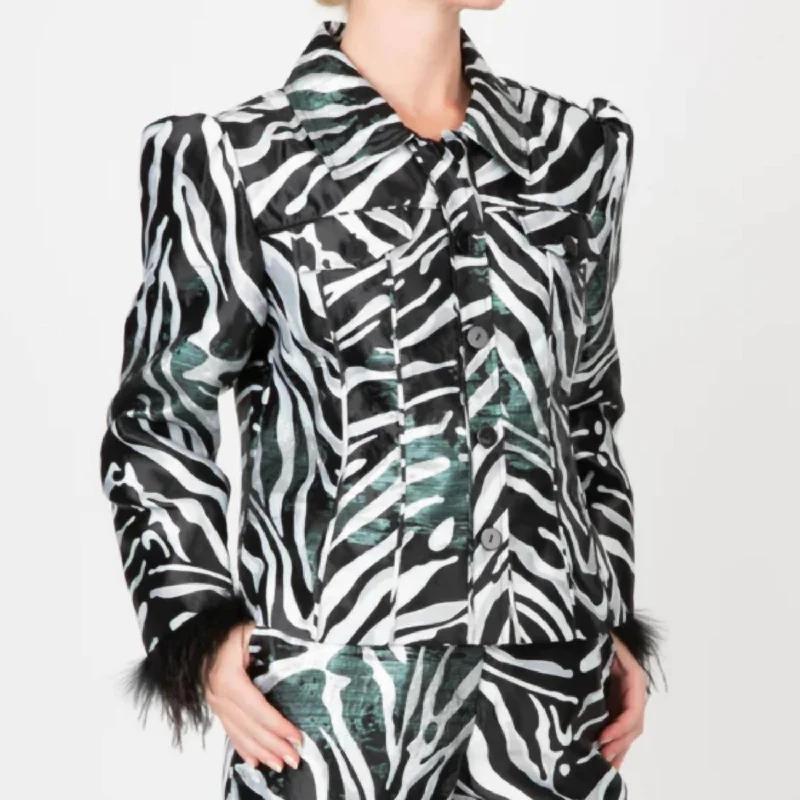 Party Girl Jacket In White, Black And Green Ribbed Jacket Pleated Jacket Ruffled Jacket