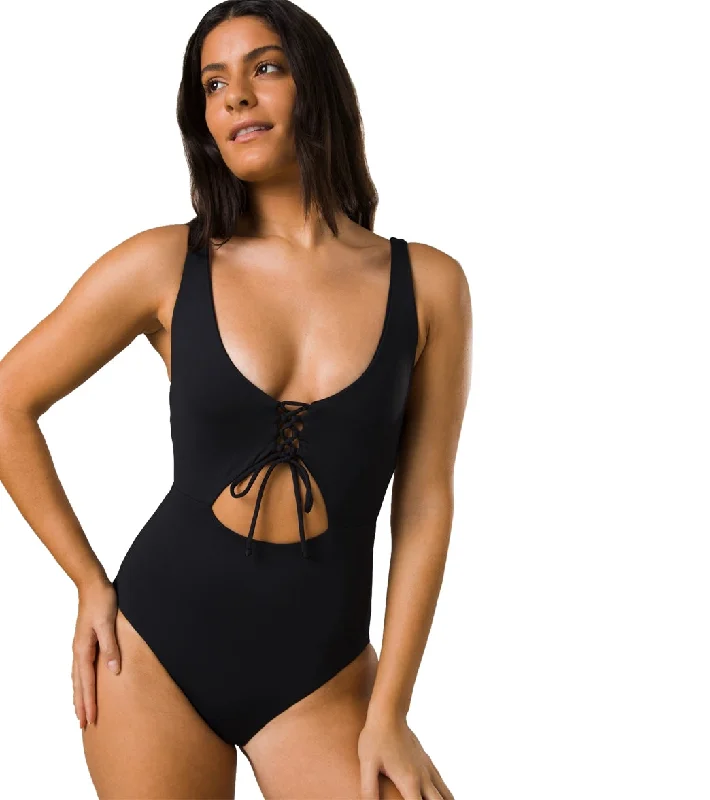 prAna Women's Ruby Beach One Piece Swimsuit Black Ruched Swimwear Set