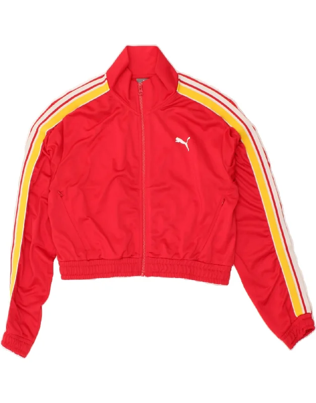 PUMA Womens Graphic Crop Tracksuit Top Jacket UK 14 Medium Red Polyester Hoodie Zip-Up Jacket Button-Up Jacket