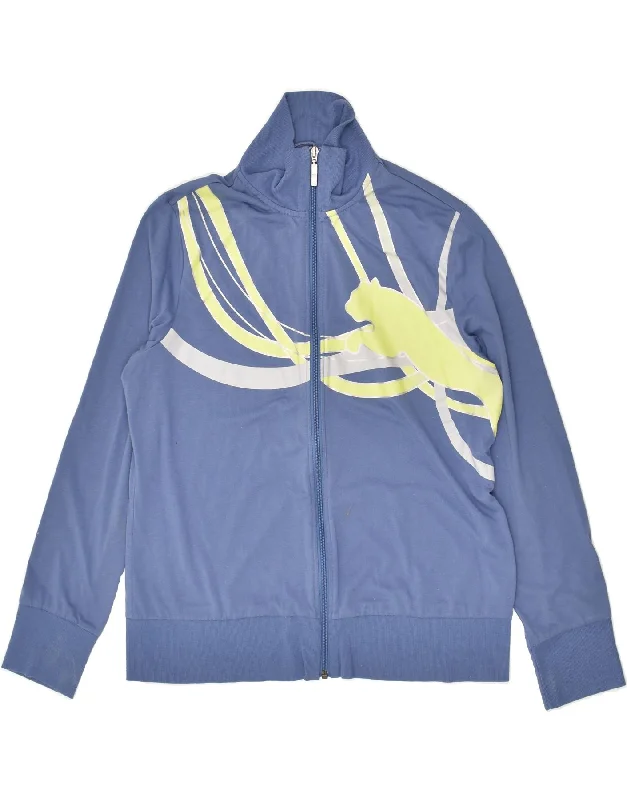 PUMA Womens Graphic Tracksuit Top Jacket UK 18 XL Blue Polyester Knit Jacket Woven Jacket Fleece Jacket