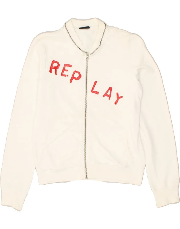 REPLAY Womens Graphic Tracksuit Top Jacket UK 12 Medium White Cotton Hoodie Zip-Up Jacket Button-Up Jacket